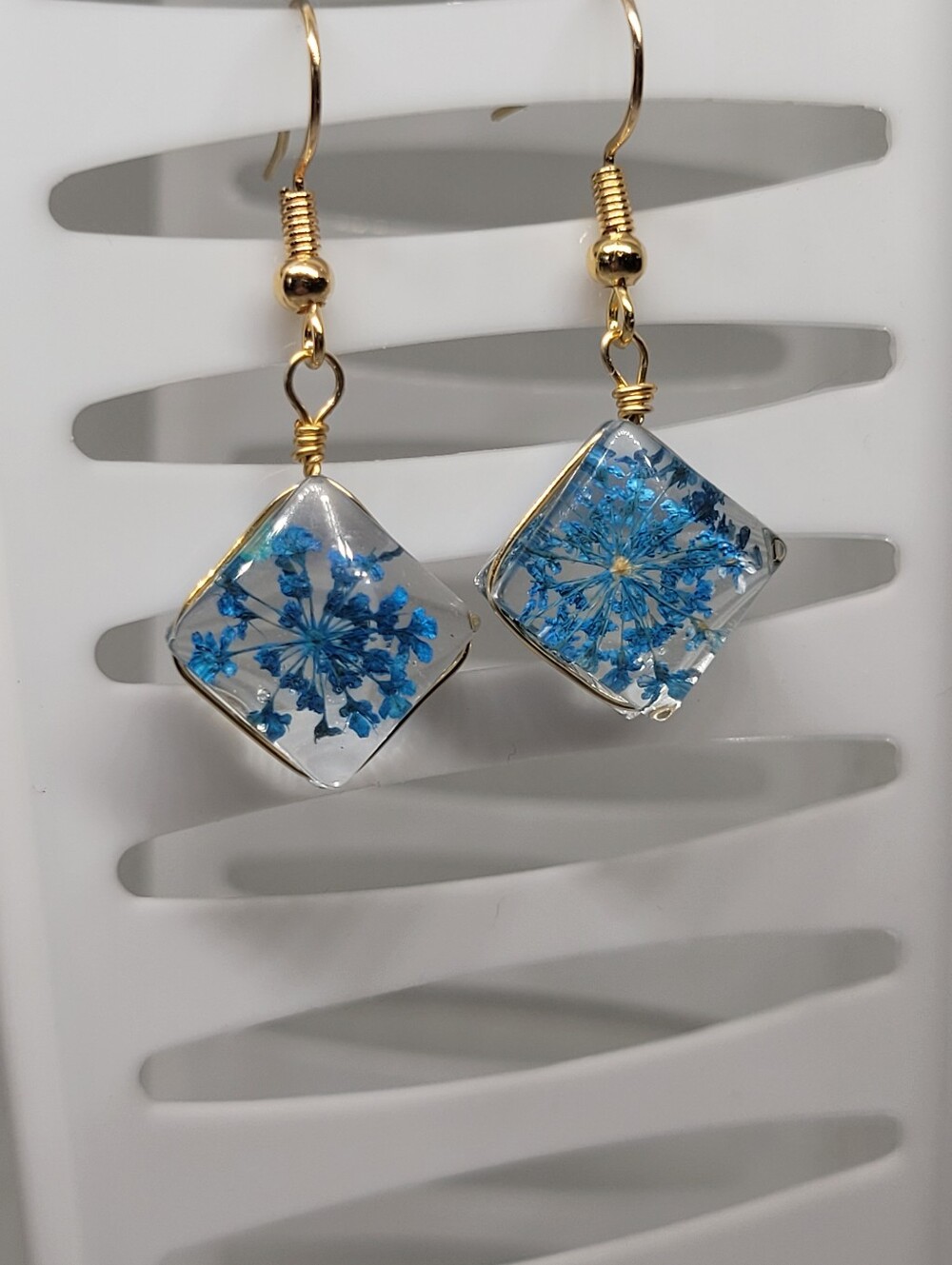 Handmade Blue Floral Glass Drop Earrings with Gold Hooks